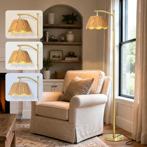 Cinyirong 62.5" Rattan Arc Floor Lamp with 3 Color Temperatures, Boho Hand Woven Shade Standing Floor Lamp, Gold Metal Base Foot Switch Farmhouse Tall Corner Reading Lamp for Living Room Bedroom - color: Gold
