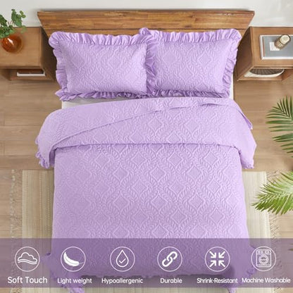 DJY Queen Quilt Set, Ruffled Bedding, Lavender Purple Bedspreads | Lightweight Soft Coverlet, 3 Piece Basket Weave Quilted Blanket Thin Quilt Bed Cover for All Season, 96''x90'' - color: Lavender, size: Queen
