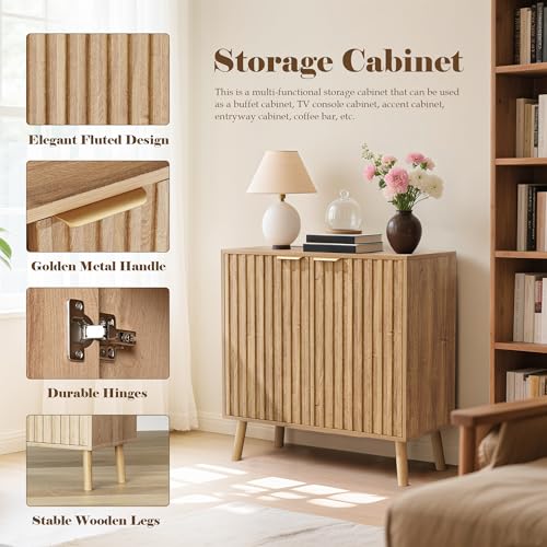 Fluted Buffet Cabinet, Free Standing Sideboard with Storage, Wood Accent Cabinet with Doors & Shelf, Multifunctional Credenza, Sideboard Buffet for Living Room, Dining Room(1, Natural) - color: Natural