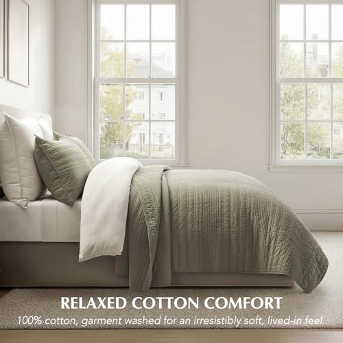 EVERGRACEHOME 100% Cotton Modern Lines Quilt Set Queen Size, Light Sage | Pre-Washed Soft Cotton, Striped Coverlet Bedspread, 3 Piece Lightweight Bedding Set for All Season, with 2 Pillow Shams - color: Light Sage, size: Full/Queen (92" X 92")