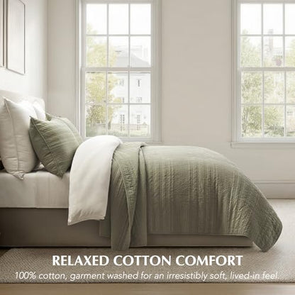 EVERGRACEHOME 100% Cotton Modern Lines Quilt Set Queen Size, Light Sage | Pre-Washed Soft Cotton, Striped Coverlet Bedspread, 3 Piece Lightweight Bedding Set for All Season, with 2 Pillow Shams - color: Light Sage, size: Full/Queen (92" X 92")
