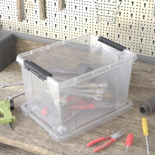 32 Quart Clear Plastic Latch Storage Bins with Wheels, 4 Pack | Large Clear Plastic Storage Box with Lid, Secure Black Side Latches, Built-In Rolling Wheels - size: 32 quart