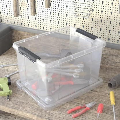 32 Quart Clear Plastic Latch Storage Bins with Wheels, 4 Pack | Large Clear Plastic Storage Box with Lid, Secure Black Side Latches, Built-In Rolling Wheels - size: 32 quart