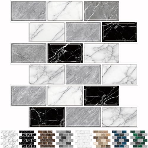 URCOLOR 10-Sheet Back Splashes for Kitchens Peel and Stick,12"x12" Self Adhesive Stick on Backsplash for Bathroom Black White Grey Marble Look - color: Black White Grey