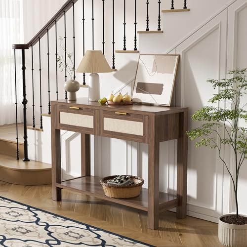 Boho Chic Console Table with 2 Rattan Drawers and Open Shelf Storage, Narrow Farmhouse Sofa Table for Small Space Entryway, Living Room,Hallway,Walnut - color: Walnut