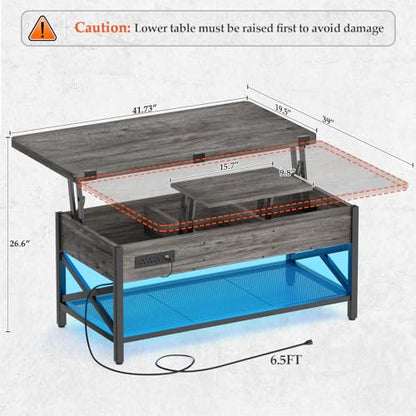 Aheaplus Coffee Table Lift Top Multi-Function Coffee Table Converts to Dining Table, with LED Light and Power Outlet, Center Table with Shelves for Living Room Reception Home Office, Black Oak - color: Black Oak