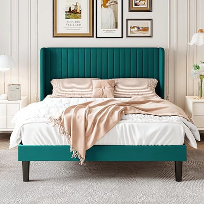 SHA CERLIN Full Size Velvet Bed Frame, Tufted Wingback Headboard, Teal | 47'' Modern Vertical Channel Headboard, Upholstered Platform Bed, Wood Slats, No Box Spring Needed, Easy Assembly, Noise Free - color: Teal, size: Full