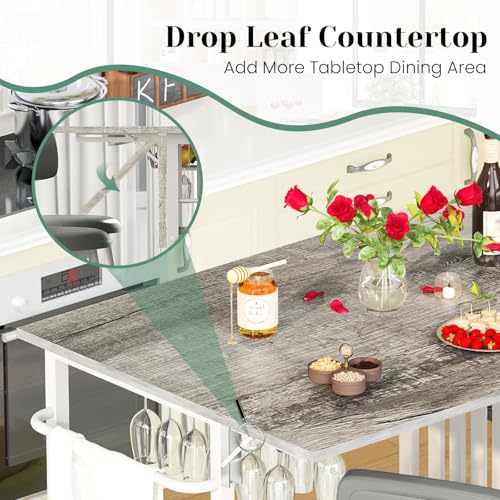 Recaceik Small Kitchen Island Table for 2 with Storage & Seating, Drop Leaf Dining Table Set for Small Space (Grey)