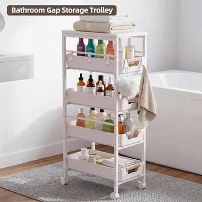 5 Tier Slim Rolling Storage Cart with Pull-Out Drawers, White | Narrow Utility Organizer Cart, Wooden Top, Wheels, For Small Spaces, Kitchen, Bathroom, Laundry Room - color: White