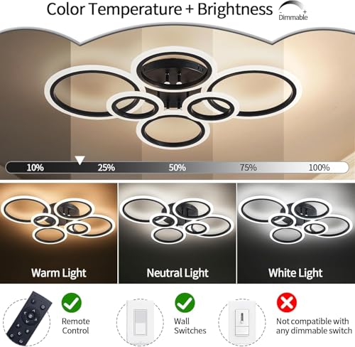 Shine LUEST 6 Rings Black Modern LED Ceiling Light Fixture, Flush Mount Ceiling Light with Remote Dimmable Brightness, Adjustable 3000-6000K Color Temperature, Timer for Living Room, Bedroom - color: Black, 6 Rings