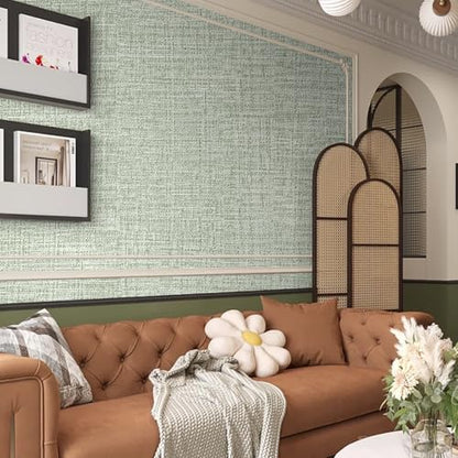 Green Grasscloth Peel and Stick Wallpaper 17.3"x300" Faux Linen Textured Contact Paper Removable Self Adhesive Vinyl Wallpaper for Bedroom Bathroom Kitchen - color: Green, size: 17.3" x 300"