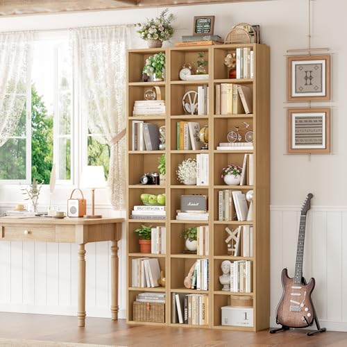 FOTOSOK 2 Pcs 71'' Tall Narrow Bookshelf, 8-Tier Media Tower Rack Set of 2 | CD DVD Storage Cabinet with Adjustable Shelves, Tall Narrow Bookcase Skinny Display Bookshelf Slim Shelf, Natural - color: Natural