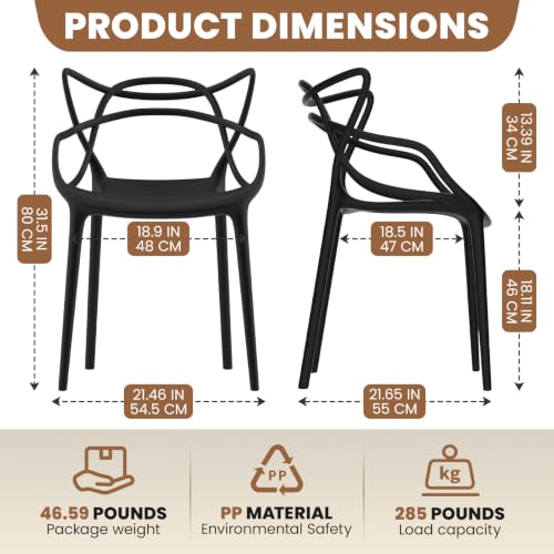 Mid Century Modern Dining Chairs Set of 4, Stackable Kitchen Chairs | Plastic Dining Room Chairs with Contoured Backrest & Wide Seat & Non-Slip Feet for Dining/Kitchen/Living Room, Black - color: Black