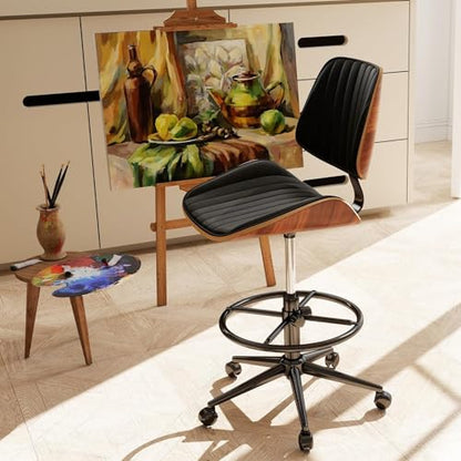 Drafting Chair for Standing Desk, Armless Tall Office Chair with Bentwood Backrest, Adjustable Height, Footrest Ring and Swivel Seat, PU Leather (Black) - color: Black