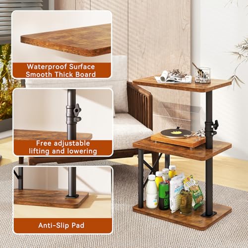 IBUYKE 360° Swivel Height Adjustable C Shaped Side Table,Brown UTVT006H | Tv Tray Table,End Table for Small Spaces Sofa Bed,With Storage Shelf,3-Tier Night Stand,For Living Room,Bedroom - color: Brown