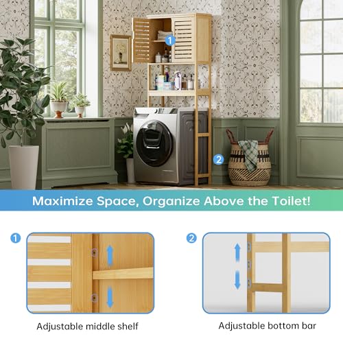 SMIBUY Bathroom Over The Toilet Storage Cabinet, 2 Door Bamboo Cabinet Organizer, Freestanding Space Saver Toilet Rack with Adjustable Inside Shelf and Open Shelf (Natural) - color: Natural
