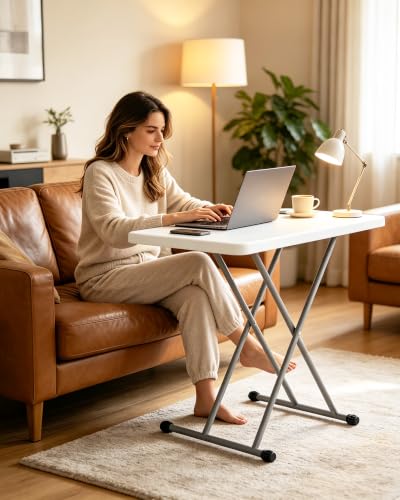 Folding Table 30 Inch, Heavy Duty Adjustable Height TV Tray Portable Plastic Small Foldable Table Indoor Outdoor for Laptop, Camping, Picnic and Dining, White
