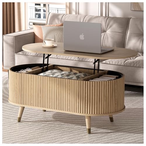 JOINICE Oval Lift Top Coffee Table with Storage for Living Room,43",Oak | Large Hidden Storage,Boho Fluted Panel,Pop Up Center Table with Wooden Legs,Lifts to 22.4",Holds 88lbs,Easy Assembly - color: Oak_oval