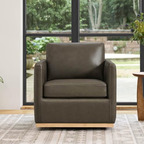 CHITA Genuine Leather Swivel Chair, Wood Frame, Fully Assembled, Mink Brown | Leather Arm Chair with 360° Swivel Solid Wood Base, Mid Century Modern Living Room Chair, 33"Dx30"Wx33"H, 300 Lb Capacity - color: Mink Brown