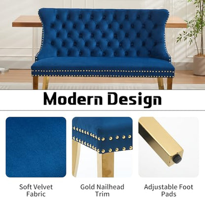 Blue Velvet Dining Bench with Back, Tufted Banquette Seating, Gold Legs | Upholstered loveseat bench; tufted back; nailhead trim; 500 lb capacity; foam and spring seat; dining room or entryway - color: Blue(gold Stainless Steel Legs)