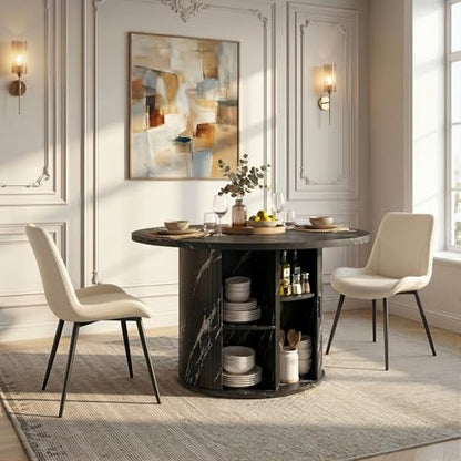 3-Piece Round Dining Table Set for 2, 47-Inch Modern Faux Marble Dining Table with Half-Open Storage Shelf, Upholstered Dining Chairs with Thick Cushions (Black Faux Marble Table + 2 Beige Chairs) - color: Black Faux Marble Table + 2 Beige Chairs-196, siz