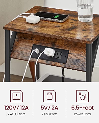 VASAGLE End Table with Charging Station, Small Side Table for Living Room, Bedroom, Nightstand with Outlets and USB Ports, Bedside Table with Storage Shelf, Rustic Brown and Black | End Table for Living Room, Bedroom, Nightstand with Storage Shelf, Rustic