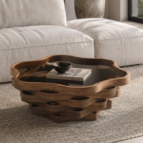 35.8" Cloud Coffee Table with Glass Top & Multi-Laye Wave Base | Modern Unique Irregular Center Table for Living Room, Artistic Cocktail Table for Apartment, Wooden Tea Table - Walnut - color: 35.8" Cloud Coffee Table