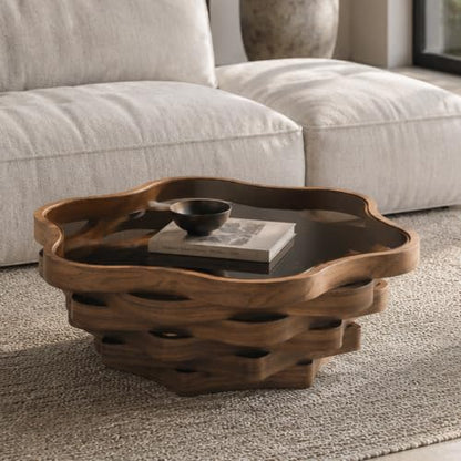 35.8" Cloud Coffee Table with Glass Top & Multi-Laye Wave Base | Modern Unique Irregular Center Table for Living Room, Artistic Cocktail Table for Apartment, Wooden Tea Table - Walnut - color: 35.8" Cloud Coffee Table