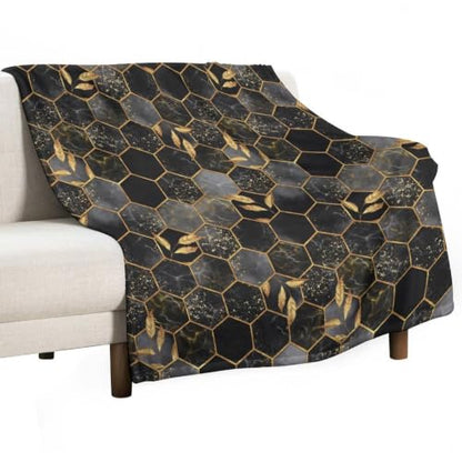 Marble Throw Blanket Black Honeycomb Grid Golden Leaves Pattern Soft Lightweight Warm Plush Blankets for Sofa Bedroom 70"x80" - color: Marble-10, size: 70"x80"