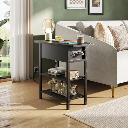 WLIVE 3-Tier End Table with Charging Station Flip Top Narrow Nightstand | 2 USB Ports+2 AC Outlets; Flip Top Hidden Storage; 2 Open Shelves; Small Space Living Room Bedroom; Sturdy Carbon Steel Frame - color: Black