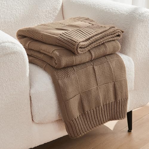 CozeCube Light Brown Knitted Checkered Throw Blanket 50"X60" | Check Knit Throw for Couch, Decorative Christmas Soft Cozy Warm Blanket for Bed Sofa Living Room - color: Light Brown, size: 50"X60"