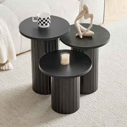 Round Nesting Coffee Table Set of 3 Mid Century Modern Wood Round Coffee Tables with Flexible Small Boho Circle End Table for Space Saving Living Room Comedor Home Office Bedroom(Black) - color: 3pcs Black