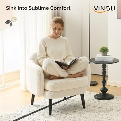 VINGLI 30.3" Wide Modern Barrel Accent Armchairs Set of 2 with Track Armrest, Solid Wooden Legs, Comfy Upholstered Club Chairs, Single Home Sofa for Living Room, Bedroom, Reading,Teddy Fleece White - color: White