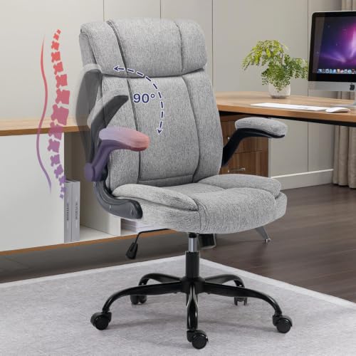 Fabric Office Chair High Back Executive Ergonomic Chair Flip Arms | Premium cloth fabric office chair with high back ergonomic support, flip-up arms, adjustable height, 90°-120° tilt function - color: Grey