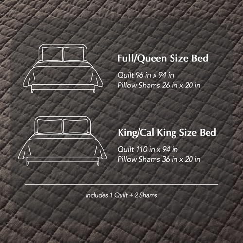 100% Cotton Modern Grid Stitch Quilt Set, Queen Size, Dark Brown | Pre-Washed Cotton Coverlet Bedspread, Oversized Lightweight 3-Piece Bedding Set for All Season, with 2 Pillow Shams - color: Dark Brown, size: Full/Queen (96" X 94")