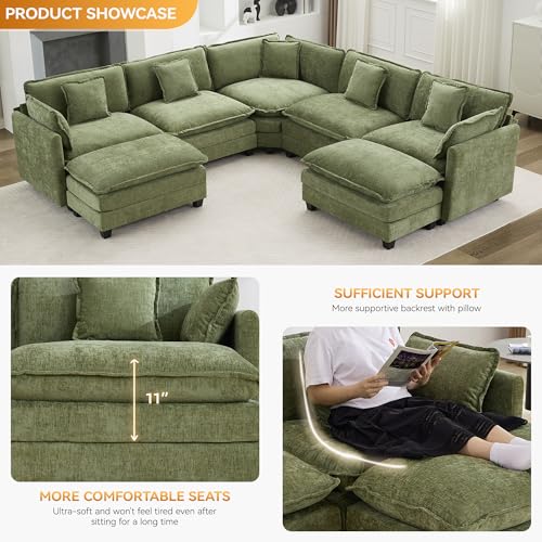 113'' V Shaped Cloud Sectional Sofa, Oversized Deep Seat Couches for Living Room, Chenille Comfy Upholstered Modular Sectional Sofa Couch with 2 Movable Ottoman, Green - color: Green, size: 113'' V Shaped+2 Ottoman