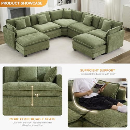 113'' V Shaped Cloud Sectional Sofa, Oversized Deep Seat Couches for Living Room, Chenille Comfy Upholstered Modular Sectional Sofa Couch with 2 Movable Ottoman, Green - color: Green, size: 113'' V Shaped+2 Ottoman