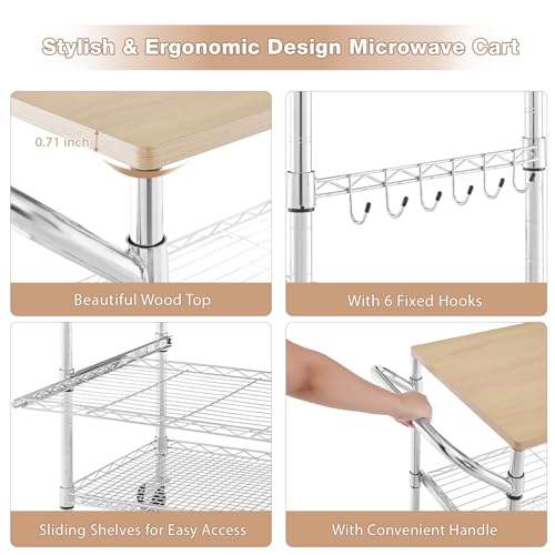 3 Tier Rolling Kitchen Cart with Wood Tabletop, Kitchen Island Carts with Wheels & Slider Shelf, Microwave Cart on Wheels, Coffee Cart with Hooks, 35.4" L*18.1" W*31.9" H，Wood+Chrome - size: 35.4"L*18.1"W*31.9"H with Slider Shelf