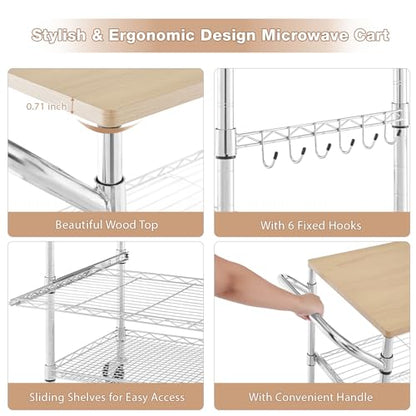3 Tier Rolling Kitchen Cart with Wood Tabletop, Kitchen Island Carts with Wheels & Slider Shelf, Microwave Cart on Wheels, Coffee Cart with Hooks, 35.4" L*18.1" W*31.9" H，Wood+Chrome - size: 35.4"L*18.1"W*31.9"H with Slider Shelf