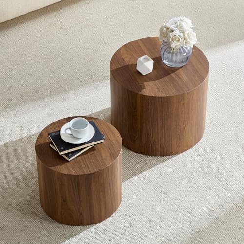 Nesting Coffee Table Set of 2, Modern Round Coffee Table Drum Side Table, Wooden Circle Accent Tables End Tables for Small Spaces Living Room Bedroom Office (Walnut) - color: 18.9" & 14.96" Walnut With Wood Veneer