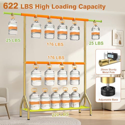 Double Rod Clothing Rack Load 622 LBS, Heavy Duty Clothes Rack for Hanging Clothes, 82.68 inch High Garment Rack with Sotrage Shelves, Metal Clothing Hanger Closet Wardrobe Organizer (Gold) - color: Gold
