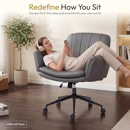 Dowinx Criss Cross Chair with Five-Level Adjustable Arms and Wheels - Comfortable Ergonomic PU Leather Swivel Vanity Chair - Computer Makeup Gaming Chair for Home Office, Bedroom, Vanity Room (Grey) - color: Steel Grey