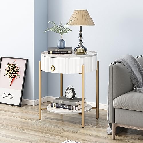 OIOG Round End Table, Nightstand with Storage, Marbling Natural Stone/Gold | Side Table with Storage Drawer, Shelf, Metal Legs, 2 Tier, Modern Design, For Living Room, Bedroom, Office,White and Gold - color: Gold