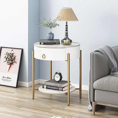 OIOG Round End Table, Nightstand with Storage, Marbling Natural Stone/Gold | Side Table with Storage Drawer, Shelf, Metal Legs, 2 Tier, Modern Design, For Living Room, Bedroom, Office,White and Gold - color: Gold