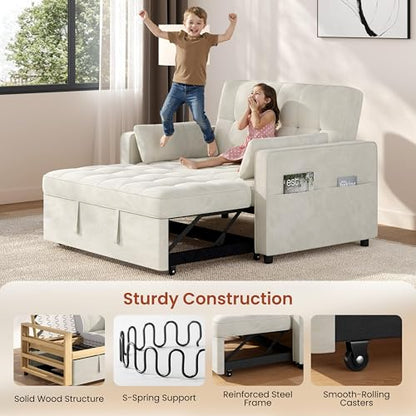 Yaheetech 3 in 1 Sofa Bed Convertible Sleeper Sofa with USB Ports, Beige | Velvet Pull Out Couch Folding Loveseat Sleeper, Armrest Pillows, USB Ports, Side Pockets for Living Room Bedroom Apartment - color: Beige
