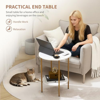 Side Table, Round End Table with 2 Storage Shelves, Compact Living Room Accent Table, Space-Saving Small Bedside Table, 18x18x22in, Marble White