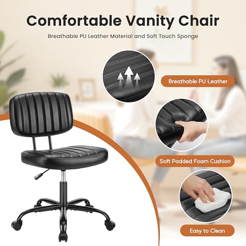 YSSOA Office Chair Small Computer Desk Chair Ergonomic with Low Back Lumbar Support, Height Adjustable Armless PU Leather Vanity Stool 360° Swivel Rolling Chair with Wheels, Black - color: Black