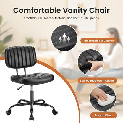 YSSOA Office Chair Small Computer Desk Chair Ergonomic with Low Back Lumbar Support, Height Adjustable Armless PU Leather Vanity Stool 360° Swivel Rolling Chair with Wheels, Black - color: Black