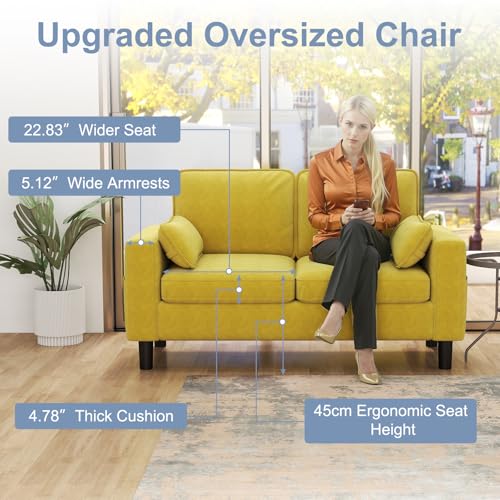 KINTNESS 56” Modern Loveseat Sofa, 2-Seater Sofa Couch with Deep Seat & Armrest Pillow, Sectional Sofa Loveseat for Bedroom, Living Room, Removable Covers, Ergonomic Height, Non-Slip, Yellow - size: 2 seater