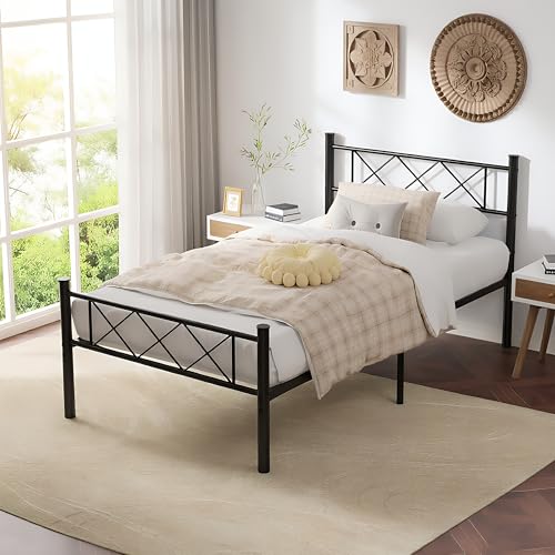 VECELO Twin Size Bed Frame with Headboard, Heavy Duty Bedframe with Strong Metal Slats, No Box Spring Needed & Easy Assembly, Matte Black - color: Matte Black, size: Twin